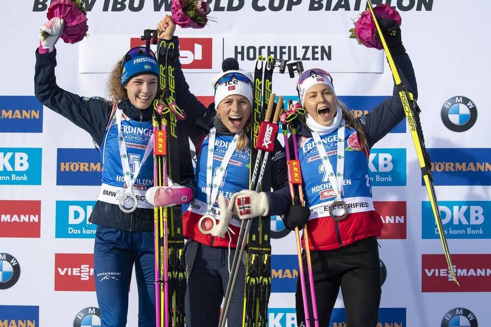 15.12.2019, Hochfilzen, Austria (AUT):Hanna Oeberg (SWE), Tiril Eckhoff (NOR), Ingrid Landmark Tandrevold (NOR) - IBU world cup biathlon, pursuit women, Hochfilzen (AUT). www.nordicfocus.com. © Nico Manzoni/NordicFocus. Every downloaded picture is fee-l