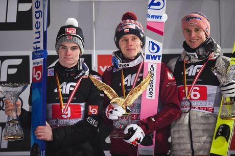 NordicFocus 06.01.2020, Bischofshofen, Austria (AUT):Dawid Kubacki (POL), Karl Geiger (GER), Marius Lindvik (NOR) - FIS world cup ski jumping, four hills tournament, individual HS142, Bischofshofen (AUT). www.nordicfocus.com. © Tumashov/NordicFocus. Every downloade