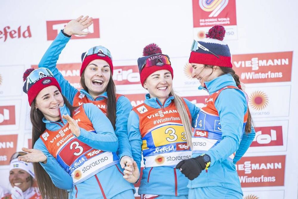 28.02.2019, Seefeld, Austria (AUT):Yulia Belorukova (RUS), Anastasia Sedova (RUS), Anna Nechaevskaya (RUS), Natalia Nepryaeva (RUS), (l-r)  - FIS nordic world ski championships, cross-country, 4x5km women, Seefeld (AUT). www.nordicfocus.com. © Modica/No