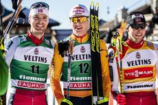 NordicFocus 11.01.2020, Val di Fiemme, Italy (ITA):Joergen Graabak (NOR), Vinzenz Geiger (GER), Jarl Magnus Riiber (NOR), (l-r) - FIS world cup nordic combined, individual gundersen HS134/10km, Val di Fiemme (ITA). www.nordicfocus.com. © Modica/NordicFocus. Every