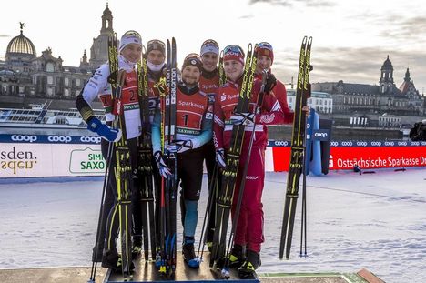 NordicFocus 12.01.2020, Dresden, Germany (GER):Marcus Grate (SWE), Johan Haeggstroem (SWE), Renaud Jay (FRA), Lucas Chanavat (FRA), Andrey Krasnov (RUS), Gleb Retivykh (RUS), (l-r) - FIS world cup cross-country, team sprint, Dresden (GER). www.nordicfocus.com. © T