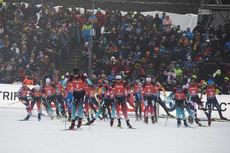 NordicFocus 12.01.2020, Oberhof, Germany (GER):Martin Fourcade (FRA), Tarjei Boe (NOR), Johannes Dale (NOR), Simon Desthieux (FRA), Julian Eberhard (AUT), Lukas Hofer (ITA), (l-r) - IBU world cup biathlon, mass men, Oberhof (GER). www.nordicfocus.com. © Manzoni/No