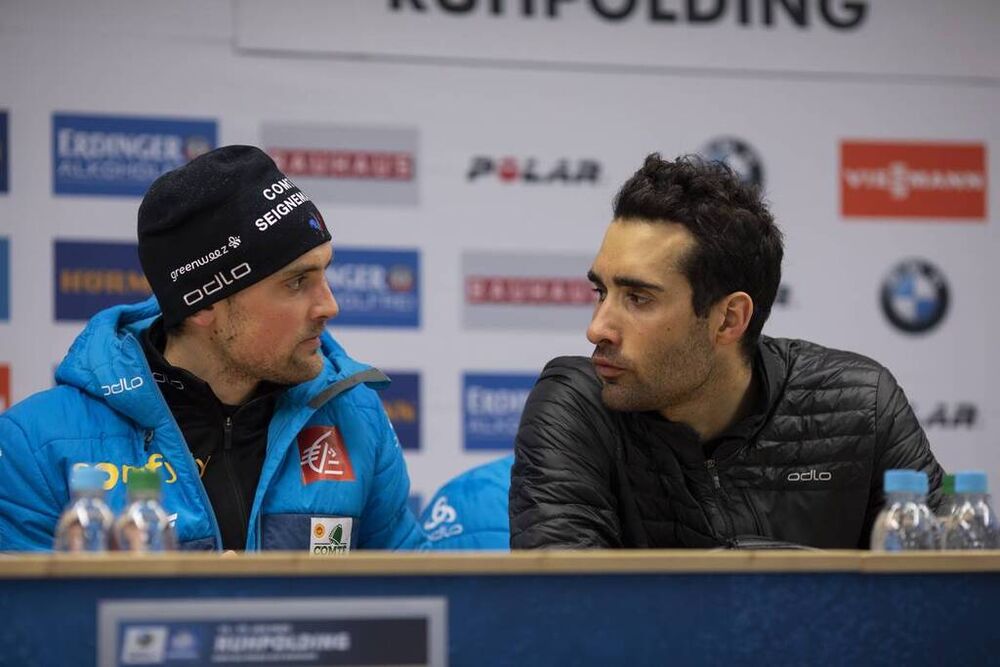 18.01.2020, Ruhpolding, Germany (GER):Simon Desthieux (FRA), Martin Fourcade (FRA) -  IBU world cup biathlon, relay men, Ruhpolding (GER). www.nordicfocus.com. © Manzoni/NordicFocus. Every downloaded picture is fee-liable.