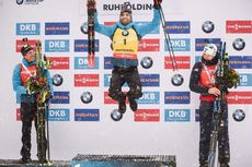 NordicFocus 19.01.2020, Ruhpolding, Germany (GER):Martin Fourcade (FRA), Vetle Sjaastad Christiansen (NOR), Quentin Fillon Maillet (FRA) - IBU world cup biathlon, pursuit men, Ruhpolding (GER). www.nordicfocus.com. © Tumashov/NordicFocus. Every downloaded picture
