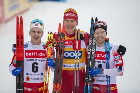 NordicFocus 25.01.2020, Oberstdorf, Germany (GER):Simen Hegstad Krueger (NOR), Alexander Bolshunov (RUS), Sjur Roethe (NOR) - FIS world cup cross-country, skiathlon men, Oberstdorf (GER). www.nordicfocus.com. © Thibaut/NordicFocus. Every downloaded picture is fee-l