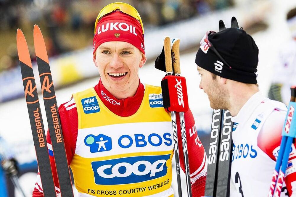 09.02.2020, Falun, Sweden (SWE):Alexander Bolshunov (RUS), Sjur Roethe (NOR), (l-r)  - FIS world cup cross-country, 15km men, Falun (SWE). www.nordicfocus.com. © Modica/NordicFocus. Every downloaded picture is fee-liable.