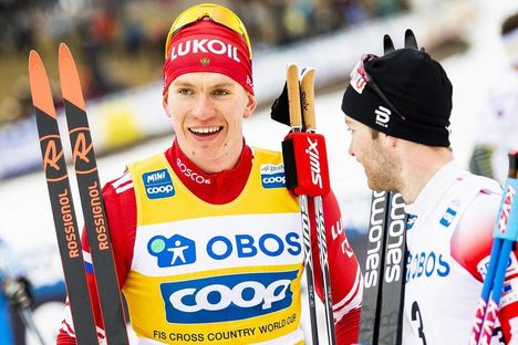 NordicFocus 09.02.2020, Falun, Sweden (SWE):Alexander Bolshunov (RUS), Sjur Roethe (NOR), (l-r) - FIS world cup cross-country, 15km men, Falun (SWE). www.nordicfocus.com. © Modica/NordicFocus. Every downloaded picture is fee-liable.