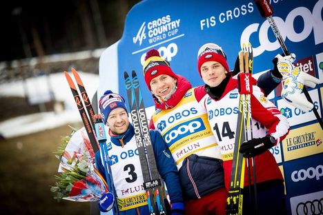 NordicFocus 09.02.2020, Falun, Sweden (SWE):Sjur Roethe (NOR), Alexander Bolshunov (RUS), Ivan Yakimushkin (RUS), (l-r) - FIS world cup cross-country, 15km men, Falun (SWE). www.nordicfocus.com. © Modica/NordicFocus. Every downloaded picture is fee-liable.