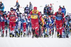 NordicFocus 03.01.2020, Val di Fiemme, Italy (ITA):Alexander Bolshunov (RUS), Johannes Hoesflot Klaebo (NOR), Sergey Ustiugov (RUS), (l-r) - FIS world cup cross-country, tour de ski, mass men, Val di Fiemme (ITA). www.nordicfocus.com. © Modica/NordicFocus. Every d