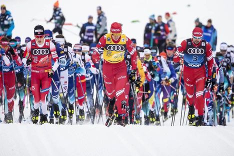 NordicFocus 03.01.2020, Val di Fiemme, Italy (ITA):Alexander Bolshunov (RUS), Johannes Hoesflot Klaebo (NOR), Sergey Ustiugov (RUS), (l-r) - FIS world cup cross-country, tour de ski, mass men, Val di Fiemme (ITA). www.nordicfocus.com. © Modica/NordicFocus. Every d