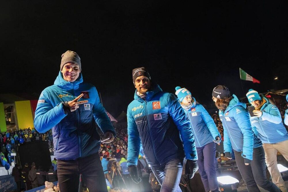 12.02.2020, Antholz, Italy (ITA):Emilien Jacquelin (FRA), Simon Desthieux (FRA), (l-r) - IBU World Championships Biathlon, opening ceremony, Antholz (ITA). www.nordicfocus.com. © Manzoni/NordicFocus. Every downloaded picture is fee-liable.
