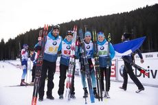 NordicFocus 02.12.2018, Pokljuka, Slovenia (SLO):Martin Fourcade (FRA), Anais Bescond (FRA), Simon Desthieux (FRA), Justine Braisaz (FRA), (l-r) - IBU world cup biathlon, relay mixed, Pokljuka (SLO). www.nordicfocus.com. © Manzoni/NordicFocus. Every downloaded pict