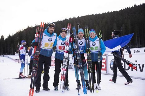 NordicFocus 02.12.2018, Pokljuka, Slovenia (SLO):Martin Fourcade (FRA), Anais Bescond (FRA), Simon Desthieux (FRA), Justine Braisaz (FRA), (l-r) - IBU world cup biathlon, relay mixed, Pokljuka (SLO). www.nordicfocus.com. © Manzoni/NordicFocus. Every downloaded pict