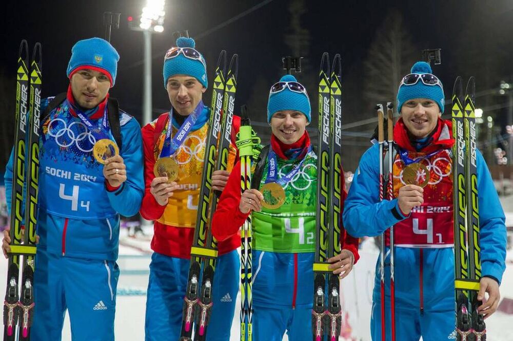 22.02.2014, Sochi, Russia (RUS): Anton Shipulin (RUS), Dmitry Malyshko (RUS), Evgeny Ustyugov (RUS), Alexey Volkov (RUS)- XXII. Olympic Winter Games Sochi 2014, biathlon, relay men, Sochi (RUS). www.nordicfocus.com. © NordicFocus. Every downloaded pictu