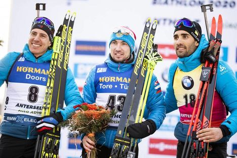 NordicFocus 15.02.2020, Antholz, Italy (ITA):Quentin Fillon Maillet (FRA), Alexander Loginov (RUS), Martin Fourcade (FRA), (l-r) - IBU World Championships Biathlon, sprint men, Antholz (ITA). www.nordicfocus.com. © Modica/NordicFocus. Every downloaded picture is fe