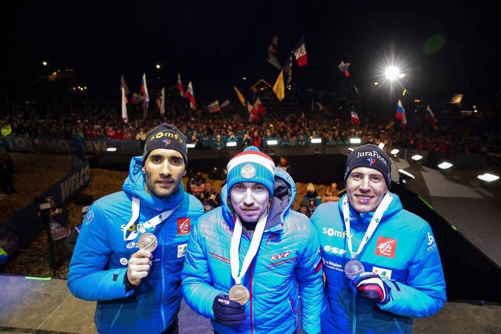 15.02.2020, Antholz, Italy (ITA):Martin Fourcade (FRA), Alexander Loginov (RUS), Quentin Fillon Maillet (FRA), (l-r) - IBU World Championships Biathlon, medals, Antholz (ITA). www.nordicfocus.com. © Manzoni/NordicFocus. Every downloaded picture is fee-l