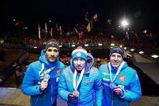 NordicFocus 15.02.2020, Antholz, Italy (ITA):Martin Fourcade (FRA), Alexander Loginov (RUS), Quentin Fillon Maillet (FRA), (l-r) - IBU World Championships Biathlon, medals, Antholz (ITA). www.nordicfocus.com. © Manzoni/NordicFocus. Every downloaded picture is fee-l