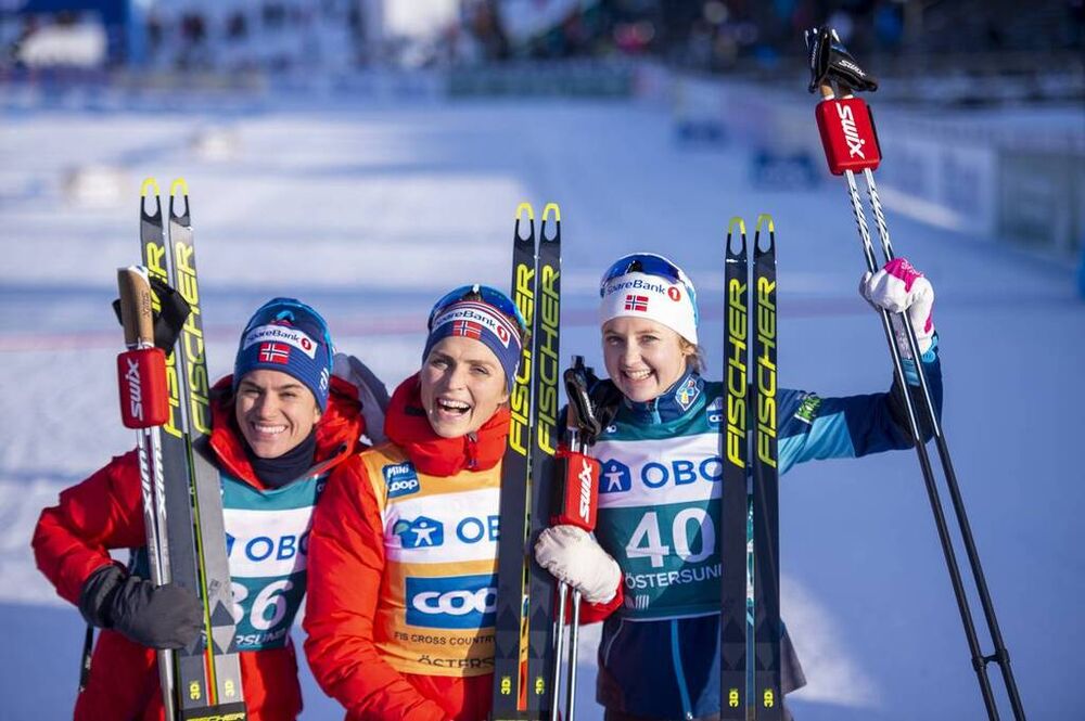 15.02.2020, Oestersund, Sweden (SWE):Heidi Weng (NOR), Therese Johaug (NOR), Ingvild Flugstad Oestberg (NOR) - FIS world cup cross-country, 10km women, Oestersund (SWE). www.nordicfocus.com. © Vianney THIBAUT/NordicFocus. Every downloaded picture is fee