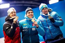 NordicFocus 13.02.2020, Antholz, Italy (ITA):Johannes Thingnes Boe (NOR), Arnd Peiffer (GER), Alexander Loginov (RUS), (l-r) - IBU world championships biathlon, medals, Antholz (ITA). www.nordicfocus.com. © Modica/NordicFocus. Every downloaded picture is fee-liable
