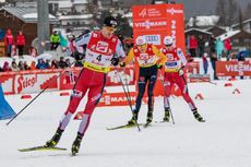 NordicFocus 02.02.2020, Seefeld, Austria (AUT):Joergen Graabak (NOR), Vinzenz Geiger (GER), Jens Luraas Oftebro (NOR) (l-r) - FIS world cup nordic combined, individual gundersen HS109/15km, Seefeld (AUT). www.nordicfocus.com. © Volk/NordicFocus. Every downloaded p