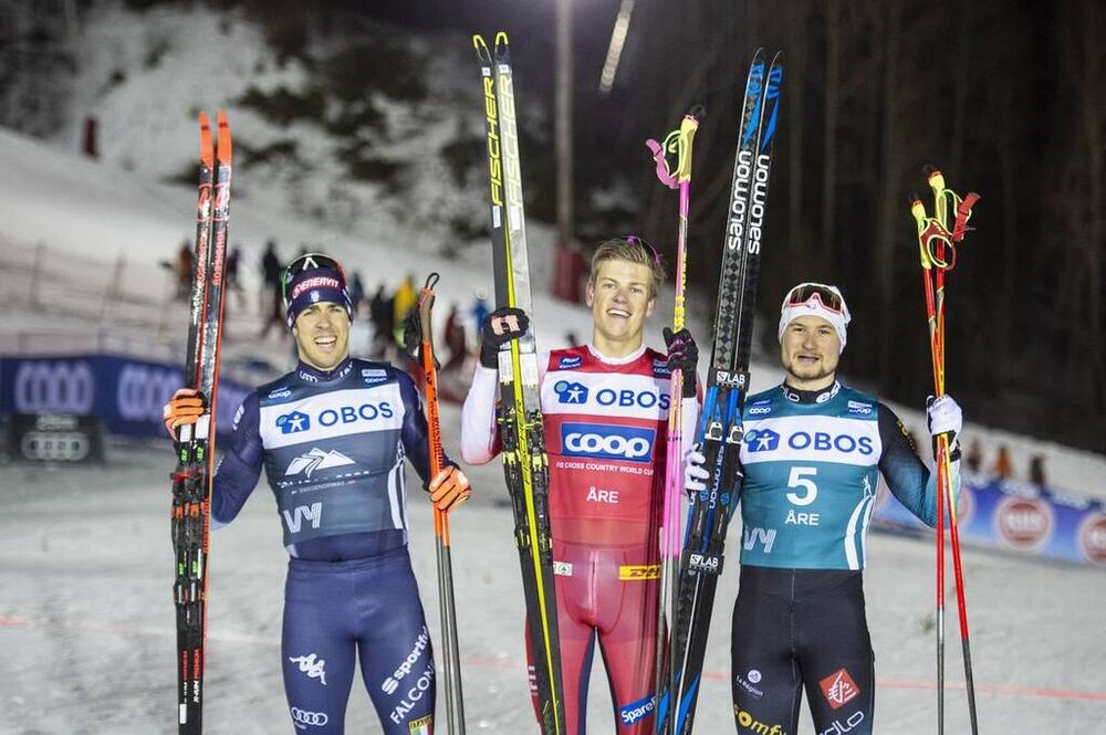 18.02.2020, Are, Sweden (SWE):Federico Pellegrino (ITA), Johannes Hoesflot Klaebo (NOR), Renaud Jay (FRA), (l-r)  - FIS world cup cross-country, individual sprint, Are (SWE). www.nordicfocus.com. © Thibaut/NordicFocus. Every downloaded picture is fee-li