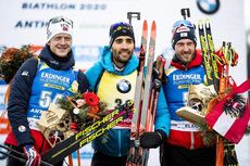 NordicFocus 19.02.2020, Antholz, Italy (ITA):Johannes Thingnes Boe (NOR), Martin Fourcade (FRA), Dominik Landertinger (AUT), (l-r) - IBU World Championships Biathlon, individual men, Antholz (ITA). www.nordicfocus.com. © Modica/NordicFocus. Every downloaded picture