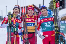 NordicFocus 20.02.2020, Storlien-Meraker, Norway (NOR):Johannes Hoesflot Klaebo (NOR), Alexander Bolshunov (RUS), Emil Iversen (NOR), (l-r) - FIS world cup cross-country, mass men, Storlien-Meraker (NOR). www.nordicfocus.com. © Thibaut/NordicFocus. Every downloade