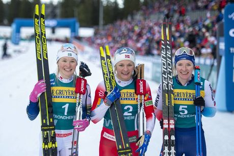 NordicFocus 22.02.2020, Trondheim, Norway (NOR):Jonna Sundling (SWE), Maiken Caspersen Falla (NOR), Nadine Faehndrich (SUI), (l-r) - FIS world cup cross-country, individual sprint, Trondheim (NOR). www.nordicfocus.com. © Thibaut/NordicFocus. Every downloaded pictu
