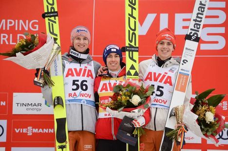 NordicFocus 22.02.2020, Rasnov, Romania (ROU):Stefan Kraft (AUT), Karl Geiger (GER), Constantin Schmid (GER) - FIS world cup ski jumping, individual HS97, Rasnov (ROU). www.nordicfocus.com. © Tumashov/NordicFocus. Every downloaded picture is fee-liable.