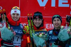 NordicFocus 22.02.2020, Trondheim, Norway (NOR):Joergen Graabak (NOR), Jarl Magnus Riiber (NOR), Ilkka Herola (FIN) (l-r) - FIS world cup nordic combined, individual gundersen HS138/10km, Trondheim (NOR). www.nordicfocus.com. © Volk/NordicFocus. Every downloaded pi