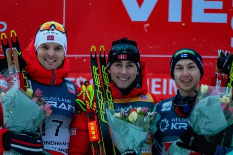 NordicFocus 22.02.2020, Trondheim, Norway (NOR):Joergen Graabak (NOR), Jarl Magnus Riiber (NOR), Ilkka Herola (FIN) (l-r) - FIS world cup nordic combined, individual gundersen HS138/10km, Trondheim (NOR). www.nordicfocus.com. © Volk/NordicFocus. Every downloaded pi