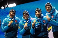NordicFocus 13.02.2020, Antholz, Italy (ITA):Emilien Jacquelin (FRA), Martin Fourcade (FRA), Simon Desthieux (FRA), Quentin Fillon Maillet (FRA), (l-r) - IBU world championships biathlon, medals, Antholz (ITA). www.nordicfocus.com. © Modica/NordicFocus. Every downl