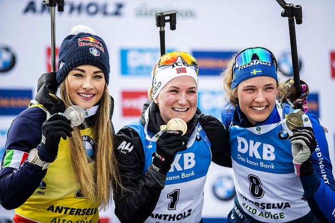23.02.2020, Antholz, Italy (ITA):Dorothea Wierer (ITA), Marte Olsbu Roeiseland (NOR), Hanna Oeberg (SWE), (l-r) - IBU world championships biathlon, medals, Antholz (ITA). www.nordicfocus.com. © Modica/NordicFocus. Every downloaded picture is fee-liable.
