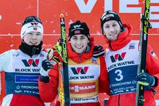 NordicFocus 23.02.2020, Trondheim, Norway (NOR):Jens Luraas Oftebro (NOR), Jarl Magnus Riiber (NOR), Espen Bjoernstad (NOR) (l-r) - FIS world cup nordic combined, individual gundersen HS138/10km, Trondheim (NOR). www.nordicfocus.com. © Volk/NordicFocus. Every downl