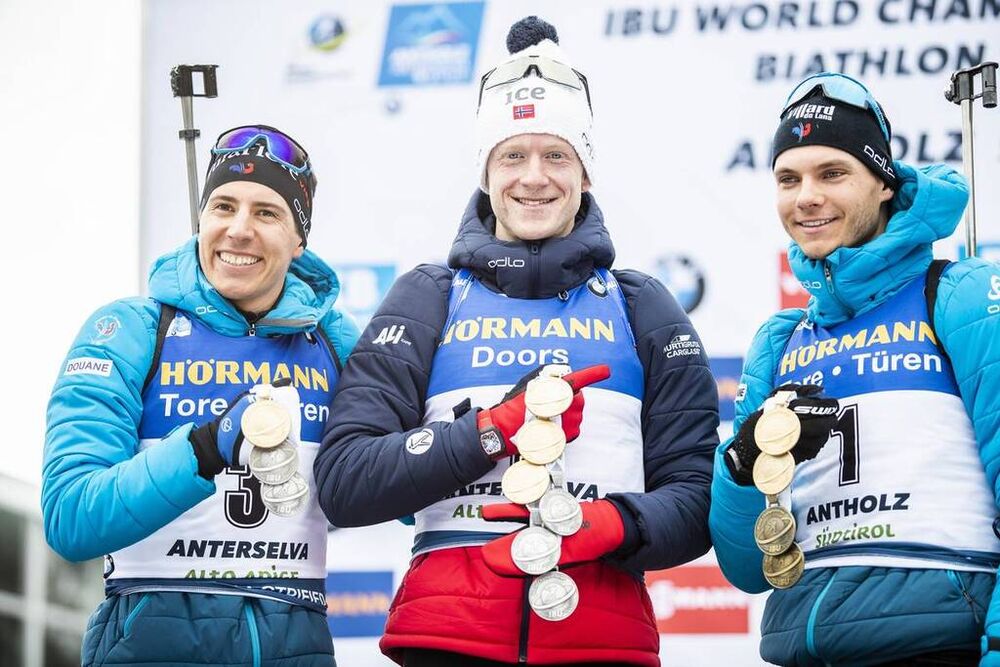 23.02.2020, Antholz, Italy (ITA):Quentin Fillon Maillet (FRA), Johannes Thingnes Boe (NOR), Emilien Jacquelin (FRA), (l-r) - IBU world championships biathlon, medals, Antholz (ITA). www.nordicfocus.com. © Modica/NordicFocus. Every downloaded picture is