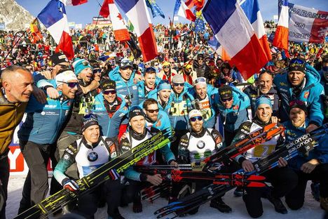 NordicFocus 22.02.2020, Antholz, Italy (ITA):Emilien Jacquelin (FRA), Martin Fourcade (FRA), Simon Desthieux (FRA), Quentin Fillon Maillet (FRA), (l-r) - IBU World Championships Biathlon, relay men, Antholz (ITA). www.nordicfocus.com. © Modica/NordicFocus. Every do