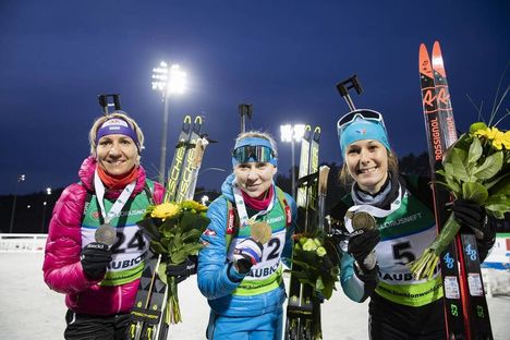NordicFocus 26.02.2020, Minsk-Raubichi, Belarus (BLR):Olena Pidhrushna (UKR), Evgeniya Pavlova (RUS), Chloe Chevalier (FRA), (l-r) - IBU Open European Championships Biathlon, SuperSprint women, Minsk-Raubichi (BLR). www.nordicfocus.com. © Manzoni/NordicFocus. Every