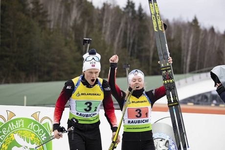 NordicFocus 27.02.2020, Minsk-Raubichi, Belarus (BLR):Endre Stroemsheim (NOR), Karoline Erdal (NOR), (l-r) - IBU Open European championships biathlon, single mixed relay, Minsk-Raubichi (BLR). www.nordicfocus.com. © Manzoni/NordicFocus. Every downloaded picture is