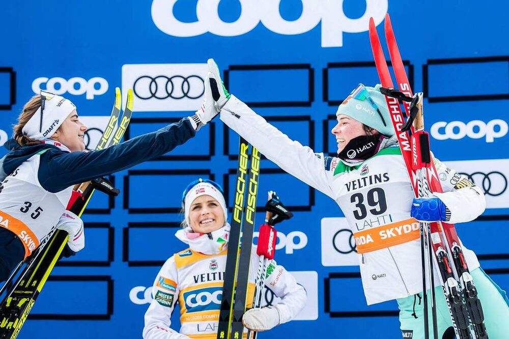 29.02.2020, Lahti Finland (FIN):Ebba Andersson (SWE), Therese Johaug (NOR), Krista Parmakoski (FIN), (l-r)  - FIS world cup cross-country, 10km women, Lahti (FIN). www.nordicfocus.com. © Modica/NordicFocus. Every downloaded picture is fee-liable.