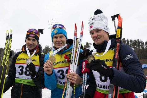 NordicFocus 29.02.2020, Minsk-Raubichi, Belarus (BLR):Andrejs Rastorgujevs (LAT), Matvey Eliseev (RUS), Aleksander Fjeld Andersen (NOR), (l-r) - IBU Open European championships biathlon, sprint men, Minsk-Raubichi (BLR). www.nordicfocus.com. © Manzoni/NordicFocus.