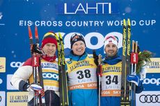 NordicFocus 29.02.2020, Lahti Finland (FIN):Alexander Bolshunov (RUS), Iivo Niskanen (FIN), Hans Christer Holund (NOR), (l-r) - FIS world cup cross-country, 15km men, Lahti (FIN). www.nordicfocus.com. © THIBAUT/NordicFocus. Every downloaded picture is fee-liable.