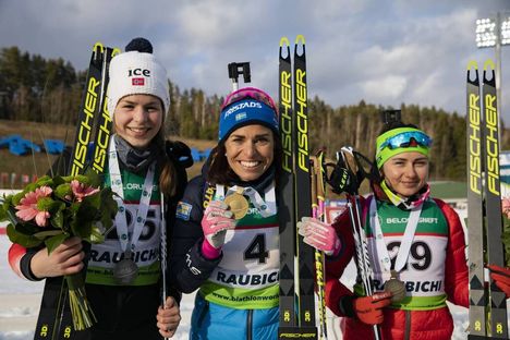 NordicFocus 29.02.2020, Minsk-Raubichi, Belarus (BLR):Ida Lien (NOR), Elisabeth Hoegberg (SWE), Iryna Kryuko (BLR), (l-r) - IBU Open European championships biathlon, sprint women, Minsk-Raubichi (BLR). www.nordicfocus.com. © Manzoni/NordicFocus. Every downloaded pi
