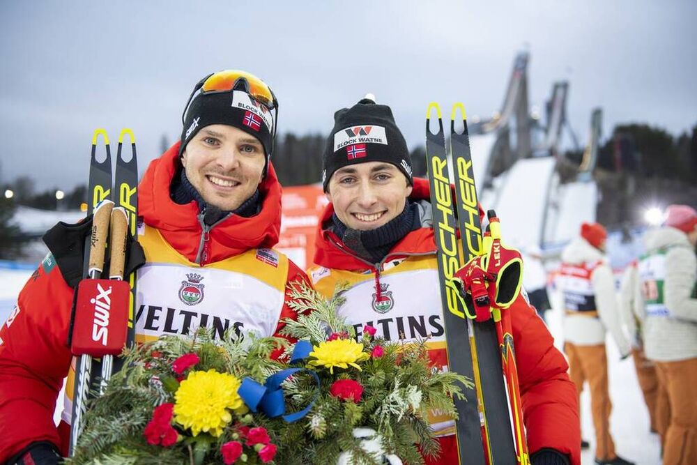 29.02.2020 Lahti, Finland (FIN):Joergen Graabak (NOR), Jarl Magnus Riiber (NOR), (l-r)  - FIS world cup nordic combined, team sprint HS130/2x7.5km, Lahti (FIN). www.nordicfocus.com. © THIBAUT/NordicFocus. Every downloaded picture is fee-liable.