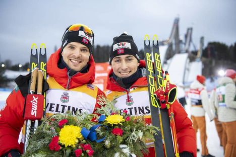 NordicFocus 29.02.2020 Lahti, Finland (FIN):Joergen Graabak (NOR), Jarl Magnus Riiber (NOR), (l-r) - FIS world cup nordic combined, team sprint HS130/2x7.5km, Lahti (FIN). www.nordicfocus.com. © THIBAUT/NordicFocus. Every downloaded picture is fee-liable.
