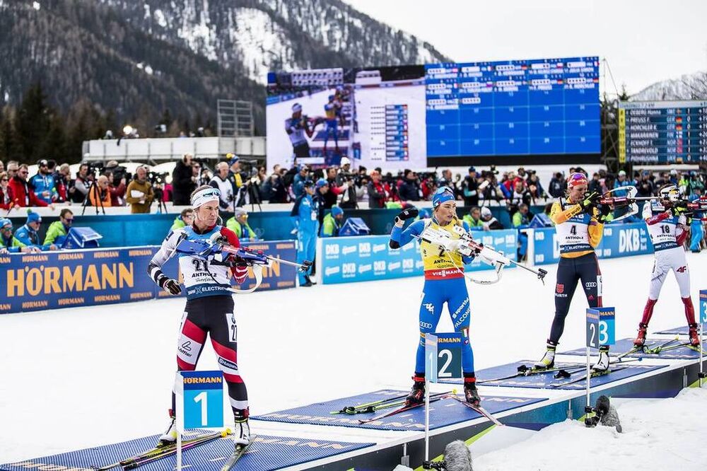 23.02.2020, Antholz, Italy (ITA):Katharina Innerhofer (AUT), Dorothea Wierer (ITA), Denise Herrmann (GER), (l-r) - IBU world championships biathlon, mass women, Antholz (ITA). www.nordicfocus.com. © Modica/NordicFocus. Every downloaded picture is fee-li