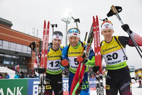 NordicFocus 01.03.2020, Minsk-Raubichi, Belarus (BLR):Sturla Holm Laegreid (NOR), Sergey Bocharnikov (BLR), Sivert Guttorm Bakken (NOR), (l-r) - IBU Open European championships biathlon, pursuit men, Minsk-Raubichi (BLR). www.nordicfocus.com. © Manzoni/NordicFocus.