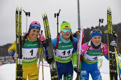 NordicFocus 01.03.2020, Minsk-Raubichi, Belarus (BLR):Elisabeth Hoegberg (SWE), Elena Kruchinkina (BLR), Kristina Reztsova (RUS), (l-r) - IBU Open European championships biathlon, pursuit women, Minsk-Raubichi (BLR). www.nordicfocus.com. © Manzoni/NordicFocus. Ever