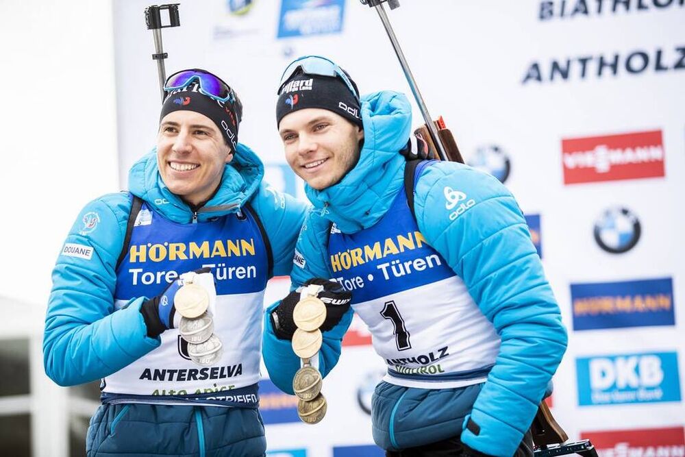 23.02.2020, Antholz, Italy (ITA):Quentin Fillon Maillet (FRA), Emilien Jacquelin (FRA), (l-r) - IBU world championships biathlon, medals, Antholz (ITA). www.nordicfocus.com. © Modica/NordicFocus. Every downloaded picture is fee-liable.