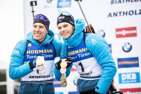 NordicFocus 23.02.2020, Antholz, Italy (ITA):Quentin Fillon Maillet (FRA), Emilien Jacquelin (FRA), (l-r) - IBU world championships biathlon, medals, Antholz (ITA). www.nordicfocus.com. © Modica/NordicFocus. Every downloaded picture is fee-liable.