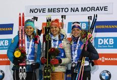 NordicFocus 05.03.2020, Nove Mesto, Czech Republic (CZE):Anais Bescond (FRA), Denise Herrmann (GER), Marketa Davidova (CZE), (l-r) - IBU world cup biathlon, sprint women, Nove Mesto (CZE). www.nordicfocus.com. © Manzoni/NordicFocus. Every downloaded picture is fee-